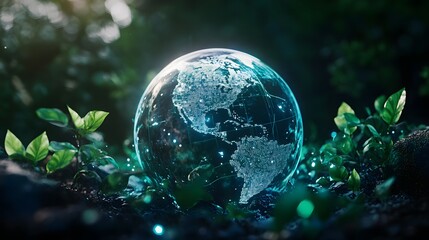 A digital globe surrounded by futuristic technology and greenery, representing global environmental protection in the future.