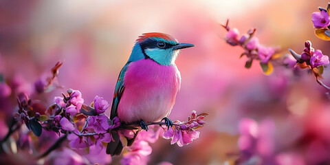 A Vibrant Pink and Blue Bird Perched on a Branch of Delicate Pink Blossoms in a Sunlit Garden
