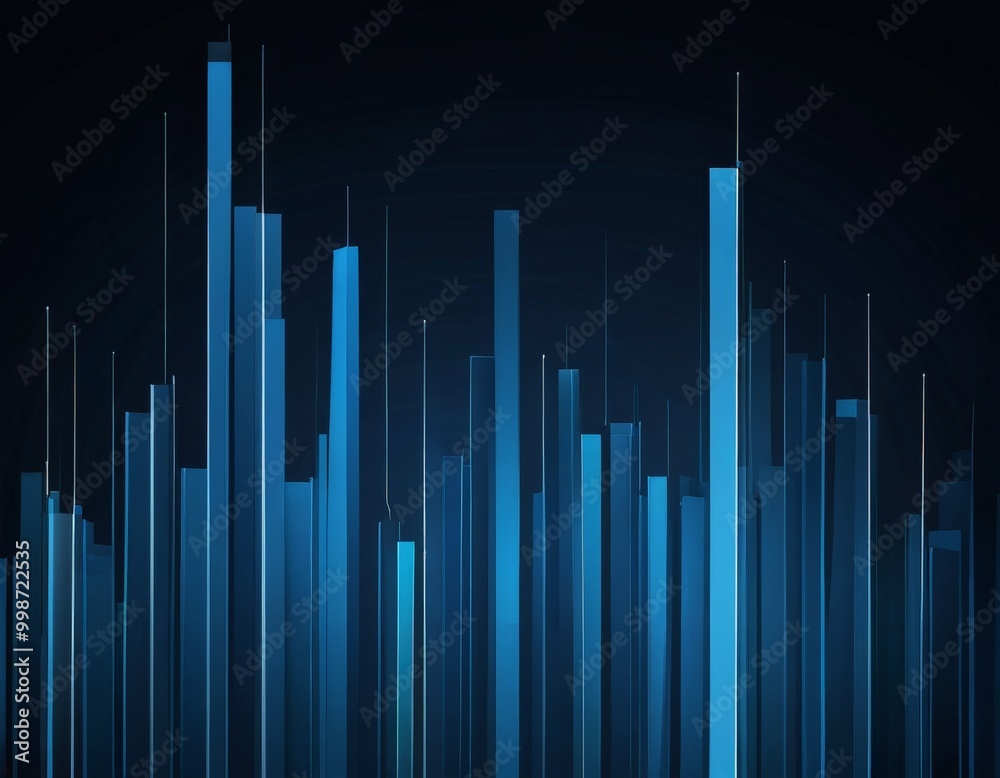 Poster a futuristic cityscape, composed of numerous blue lines that converge towards a central point, creating a sense of depth and perspective The lines are