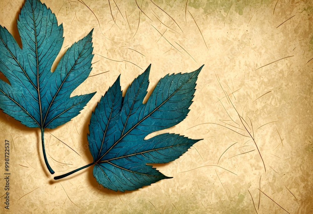 Poster two large, dark green leaves with intricate veins are placed on a textured beige background