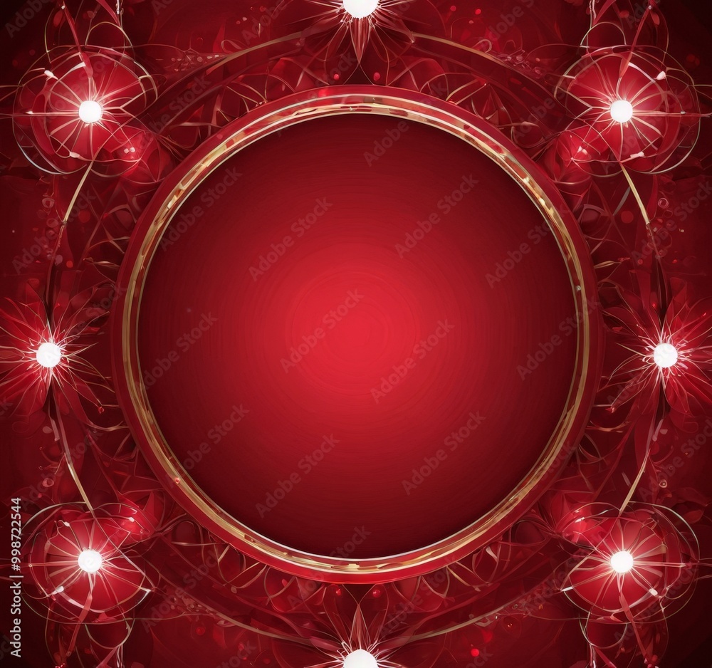 Aufkleber a red circular frame with a gold border, surrounded by a pattern of red and white flowers and stars