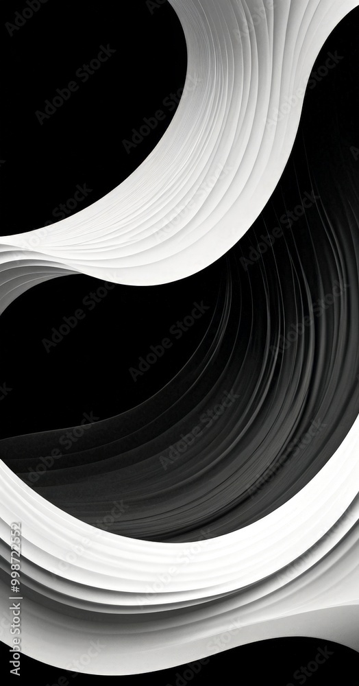 Poster a striking black and white abstract composition featuring curved lines and shapes that create a sense of movement and dynamism