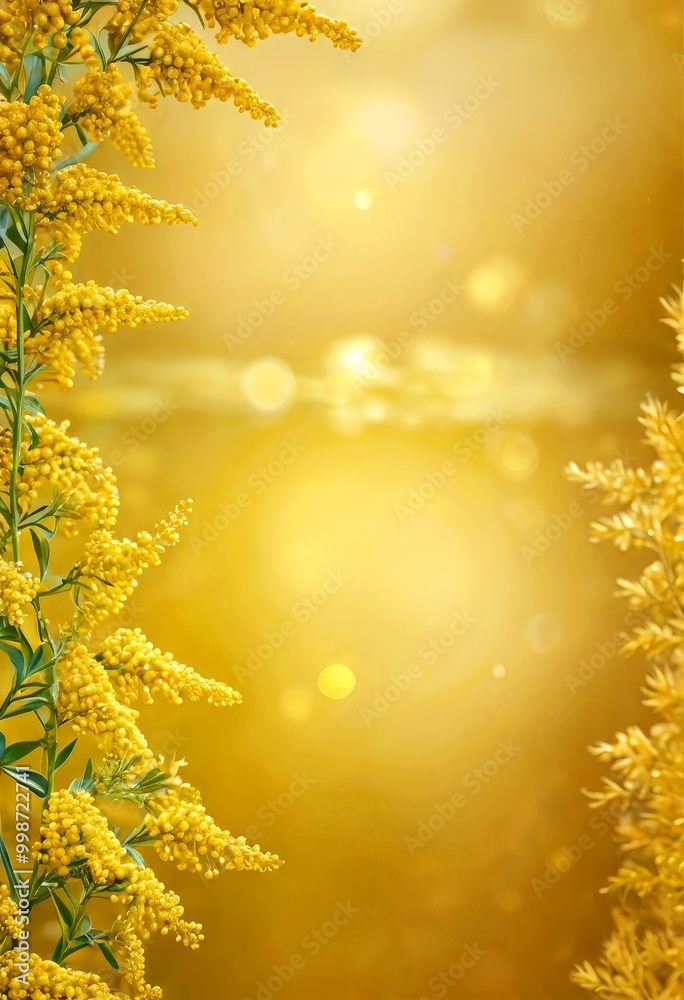 Poster a close-up of yellow flowers with green stems, set against a blurred golden background with bokeh ef