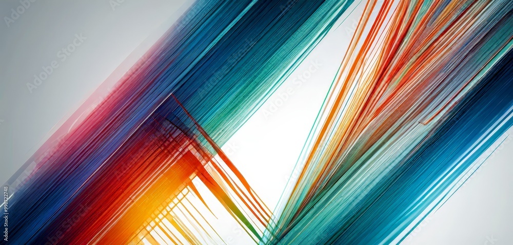 Poster a vibrant abstract composition of intersecting lines in various colors, including blue, orange, and red, creating a dynamic and visually striking pattern