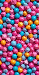 Obraz premium A vibrant assortment of multicolored candy pieces, including pink, blue, yellow, and orange, are scattered across a pink background