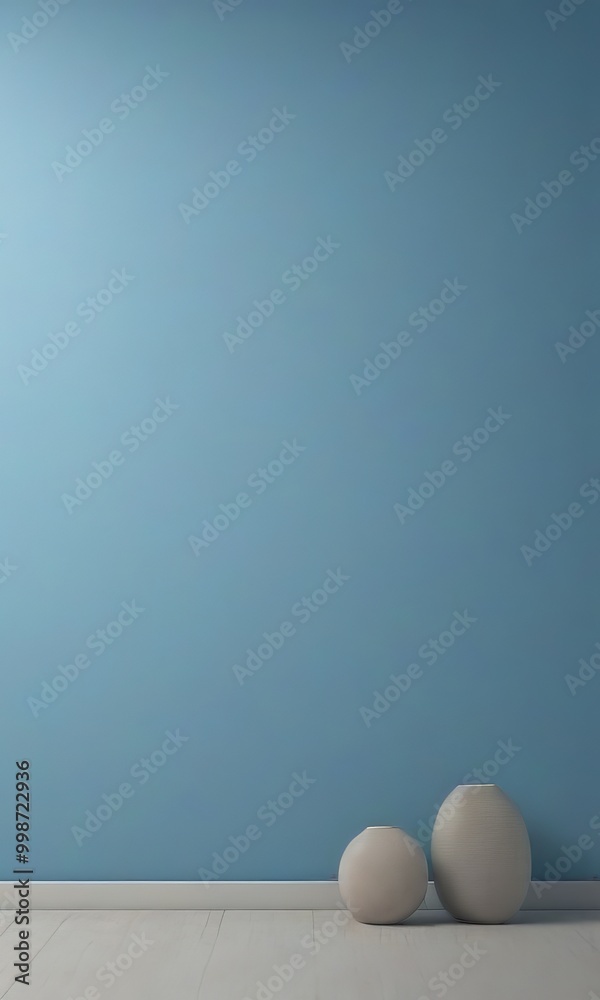 Aufkleber two white vases stand on a wooden floor against a blue wall, creating a minimalist and serene atmosp