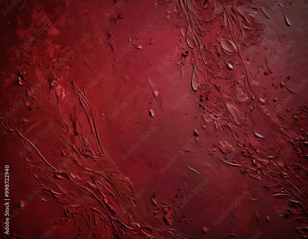 Poster a close-up view textured red surface with a glossy finish, featuring a variety of brushstrokes and s