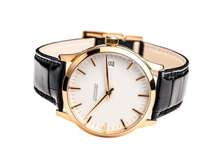 a gold watch with a black leather band