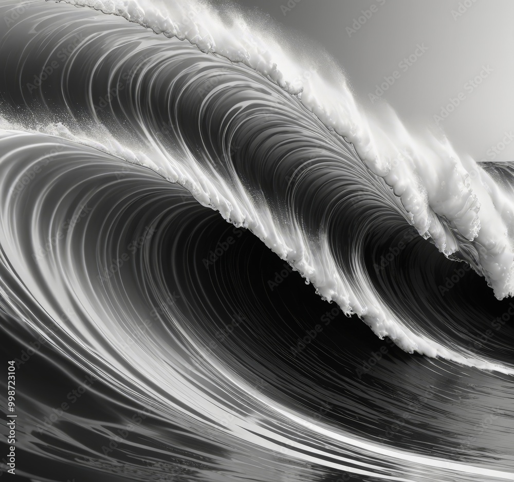 Poster the captures a dramatic black and white scene large, curling wave with a powerful crest and a white 