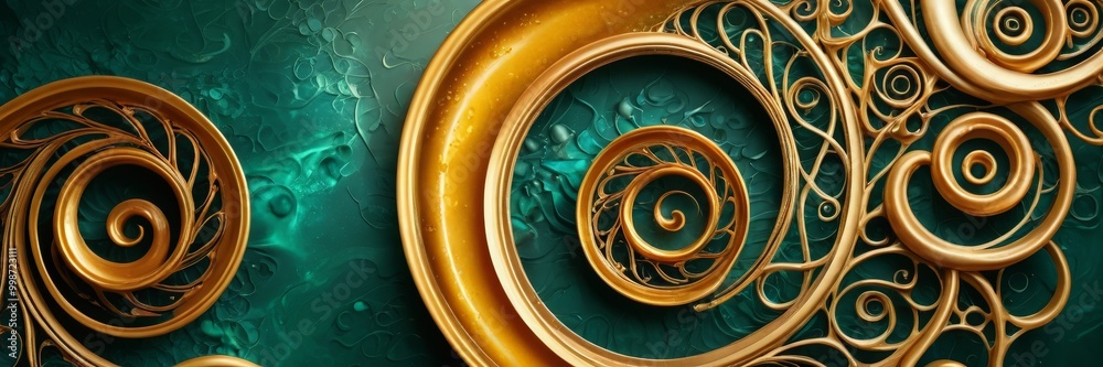 Aufkleber a close-up view golden spiral design on a dark green background The spiral design is composed of multiple concentric circles, each with a unique spiral pattern The