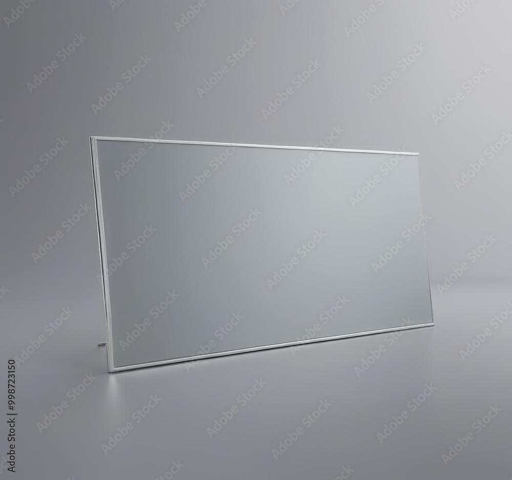Aufkleber a rectangular, silver-colored object with a blank, white surface sits on a gray background, creating