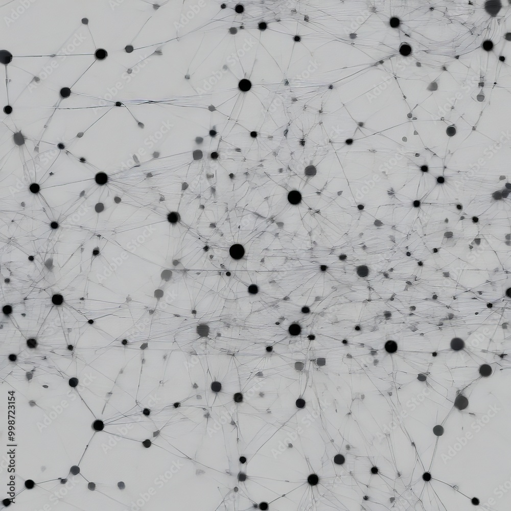 Poster a complex network of interconnected lines and dots, resembling a web or a network of interconnected nodes, all set against a stark white background