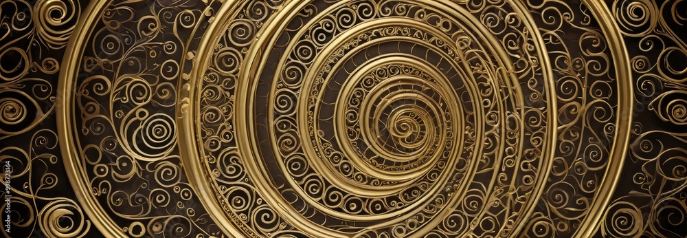 Poster a close-up view spiral pattern on a dark background, with a repeating pattern of golden circles and swirls