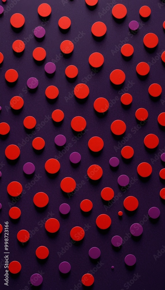 Poster a pattern of red and purple circles arranged in a diagonal line against a purple background