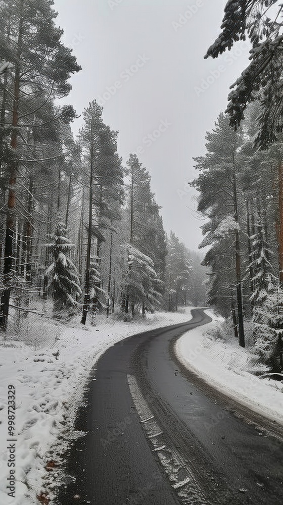 Poster a snowy road with trees in the background