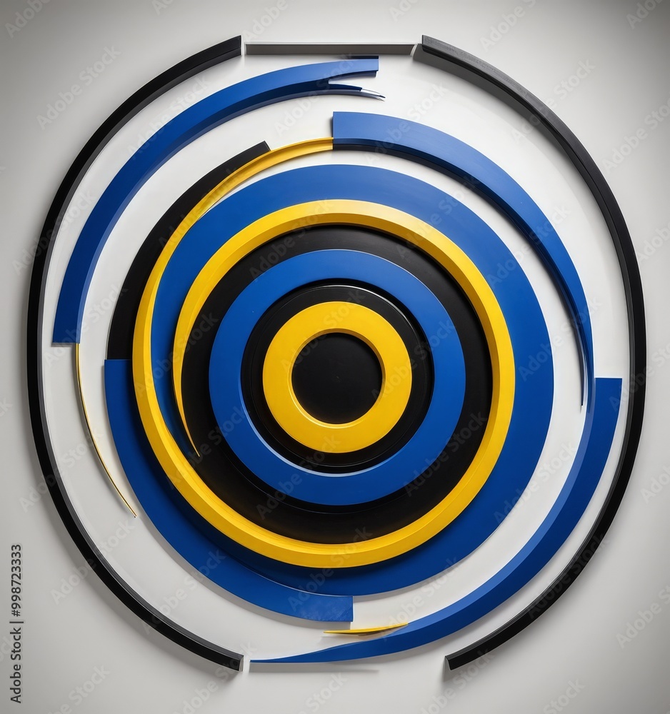Poster a circular arrangement of overlapping concentric circles in various shades of blue and yellow, with black lines and curves surrounding the circles