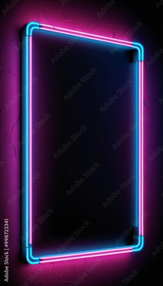 Poster a neon frame with a black background is displayed against a dark wall with a cracked texture