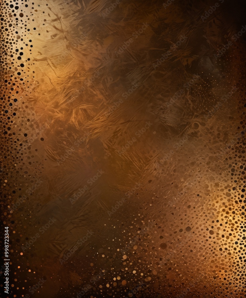 Poster a textured, abstract background with a gradient of brown and black tones, interspersed with small, circular dots in varying sizes and colors