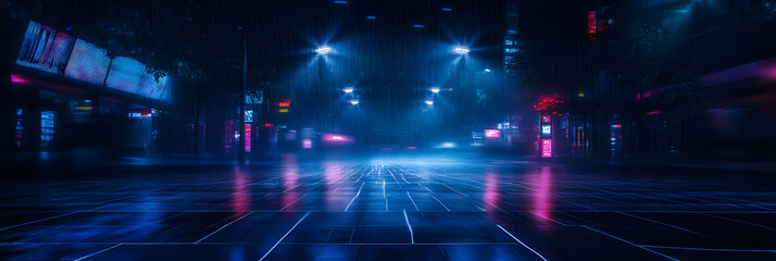 Fototapeta premium Dark night scene, street with spotlights, neon.