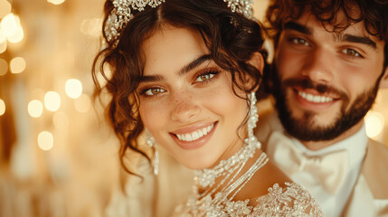 A radiant bride and groom share joyous grins under twinkling lights, capturing the magic of their special day.