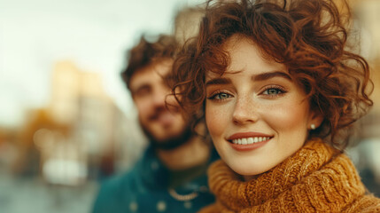 A smiling woman in a mustard turtleneck stands out with her curly hair and bright eyes, set against a blurred urban background.