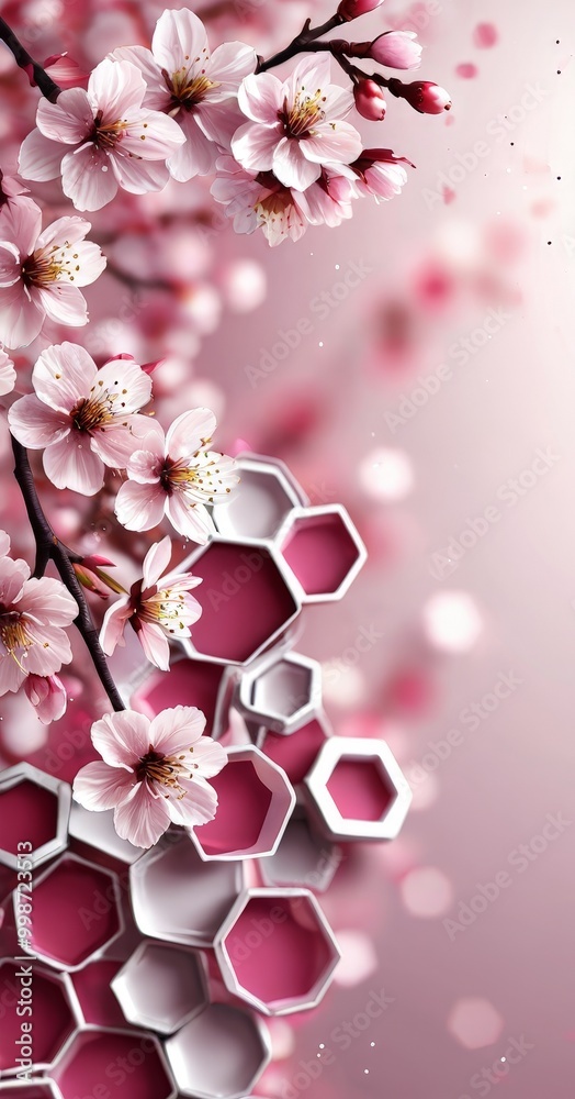 Poster a close-up view of cherry blossoms with white and pink petals, set against a blurred pink background