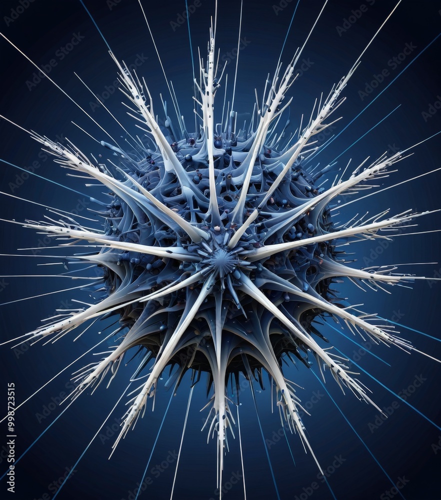 Poster a 3D of a spherical, blue-colored object with numerous white, branching lines radiating outwards from its center, creating a striking and abstract visual effect.