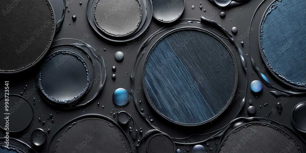 Poster a collection of black and blue circular shapes arranged in a grid-like pattern on a dark background