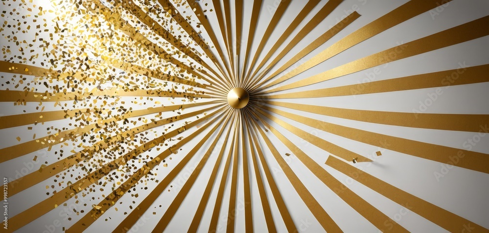 Poster a striking abstract composition of gold and white lines radiating outwards from a central point, wit