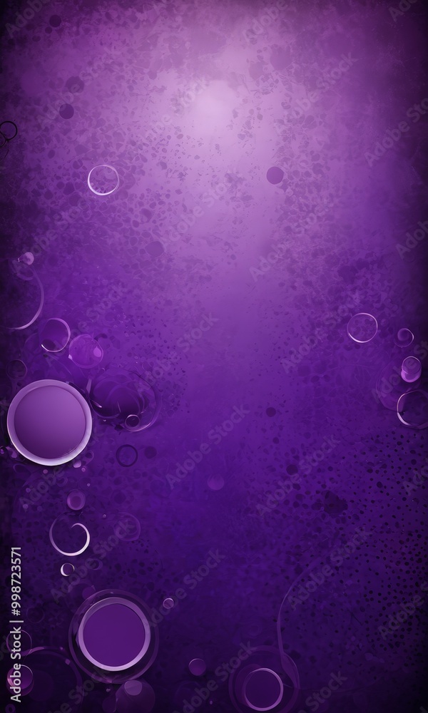 Poster a purple background with scattered white and purple circles, creating a visually striking and abstra