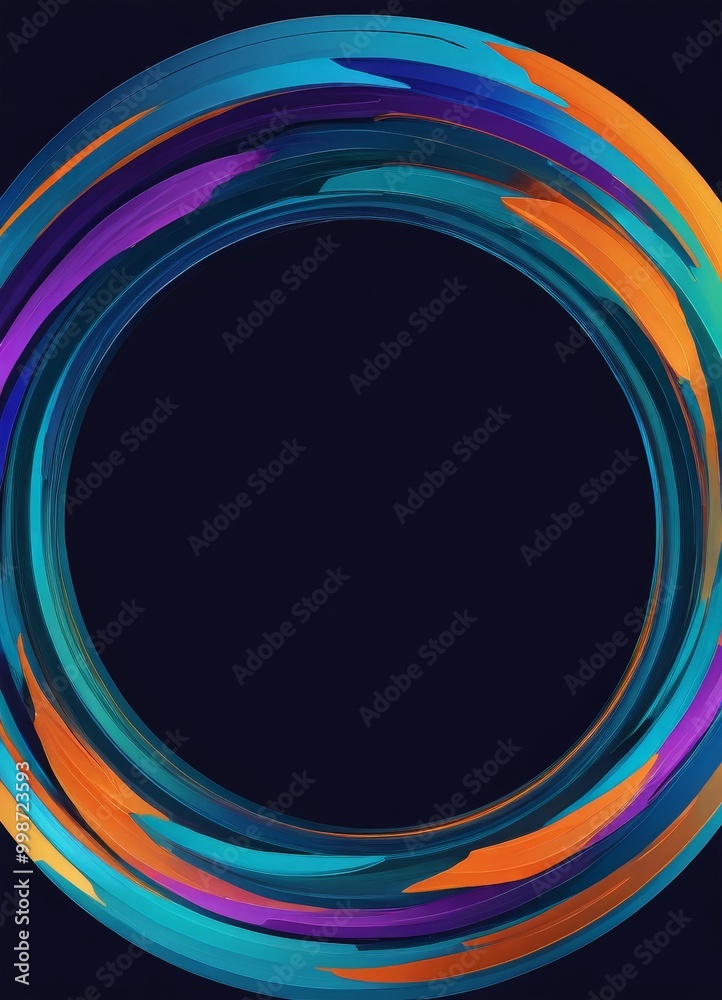 Poster a circular design with a dark background and vibrant, colorful swirls of blue, orange, and purple th