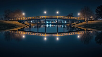 Naklejka premium beautifully lit bridge reflecting in calm water below. 