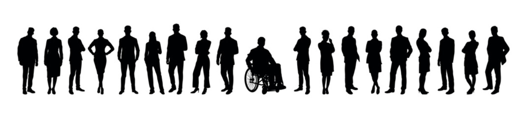 Group of business people crowd standing in row with disabled businessman sitting in wheelchair silhouette. Diversity group people standing together with confident silhouette.
