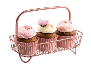 a cupcakes in a wire basket
