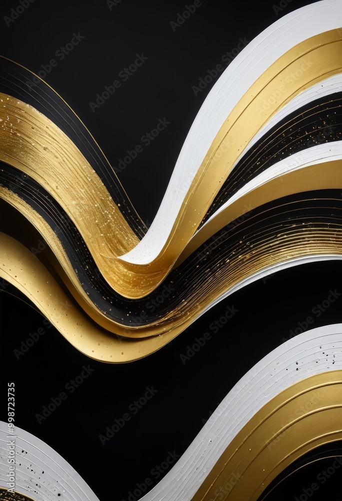 Poster a striking abstract composition of overlapping curved lines in gold, white, and black, creating a dynamic and visually captivating pattern against a black background
