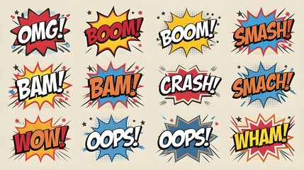 Comic Book Speech Bubbles Set   Boom  Bam  Crash  Wow  Oops  Wham   Design Elements