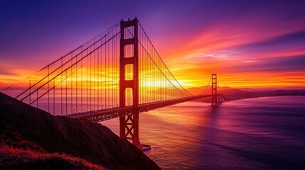 Obraz premium large golden bridge silhouetted against a vibrant sunset