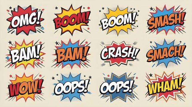Comic Book Speech Bubbles Set   Boom  Bam  Crash  Wow  Oops  Wham   Design Elements