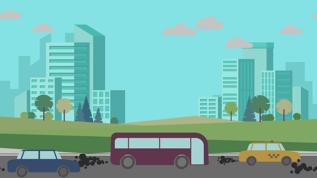 Urban landscape. Environmental pollution. Large industrial city. Exhaust gases are emitted from vehicles. Flow of cars moves and does not stop. Traffic. Work transportation. 2d flat bright animation