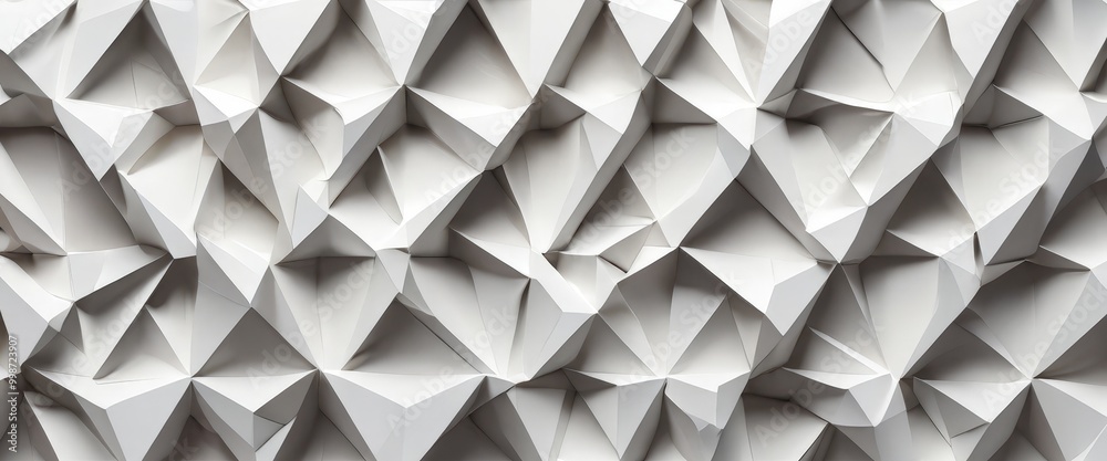 Poster a close-up view white, geometric pattern composed of numerous triangular shapes arranged in a repeating pattern The pattern has a textured, three-dimensional