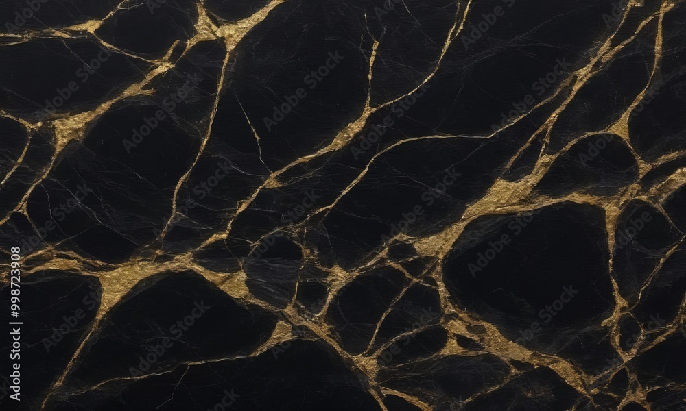 Poster a close-up view black marble surface with a gold-colored pattern The marble has a textured and cracked appearance, with visible cracks and crevices The gold pattern