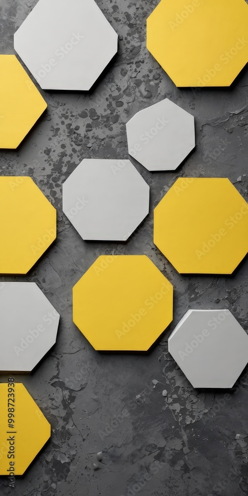 Poster A collection of nine octagonal shapes in various shades of yellow and gray, arranged in a grid-like pattern on a textured gray background