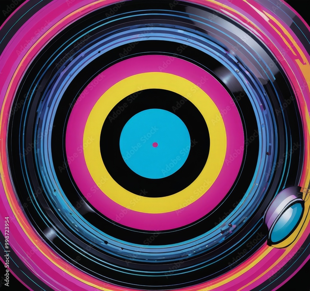 Poster a vibrant abstract composition of concentric circles in various colors, including pink, blue, yellow