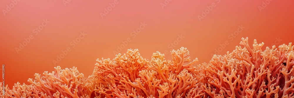 Poster A vibrant coral reef, with its intricate and diverse structures, is set against a gradient background transitioning from a deep red at the top to a lighter orange at the bottom