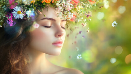 Beautiful woman with flowers floating around her head, creating an ethereal and dreamy atmosphere. 