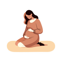 A pregnant woman is sitting on a mat and hugging belly with arms. Future mom concept in cute cartoon style. Healthcare, pregnancy. Flat vector illustration isolated on white.