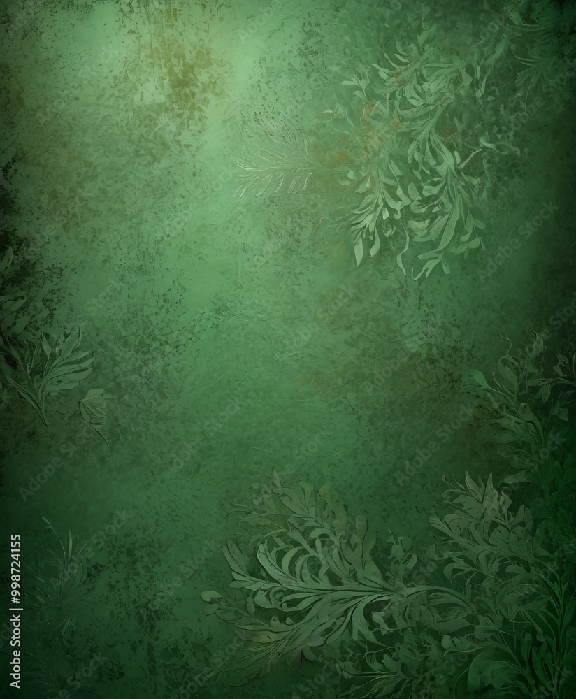 Leinwandbilder a textured, green background with a floral pattern The pattern consists of overlapping leaves and branches, creating a sense of depth and complexity The does not