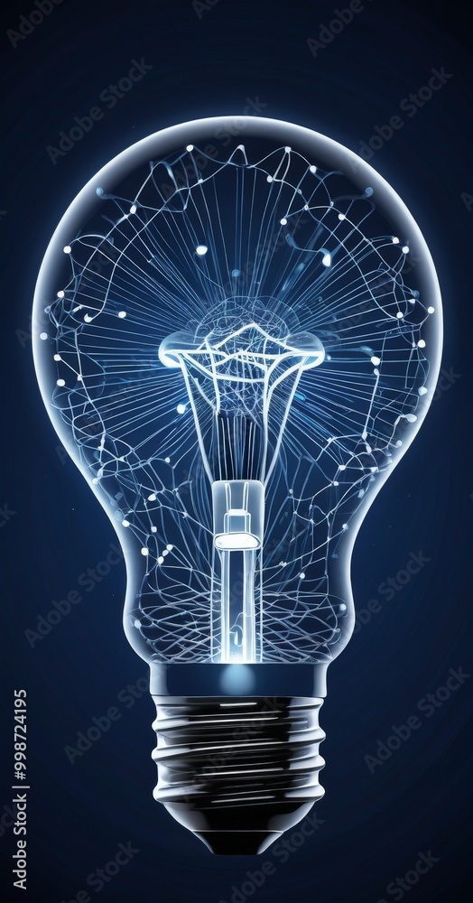 Aufkleber a 3D of a light bulb with a network of lines and dots, creating a striking visual effect against a dark blue background.