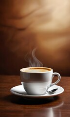 A steaming cup of coffee sits on a wooden table, its rich, dark liquid contrasting with the warm tones of the background