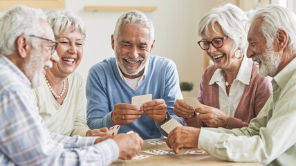 A group of elderly friends gathered around a table, smiling and playing cards, enjoying a moment of camaraderie and fun.